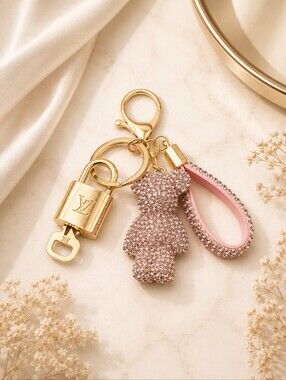 Authentic Louis Vuitton Gold Lock 🔐 with unbranded Pink Teddy Bear Bagcharm